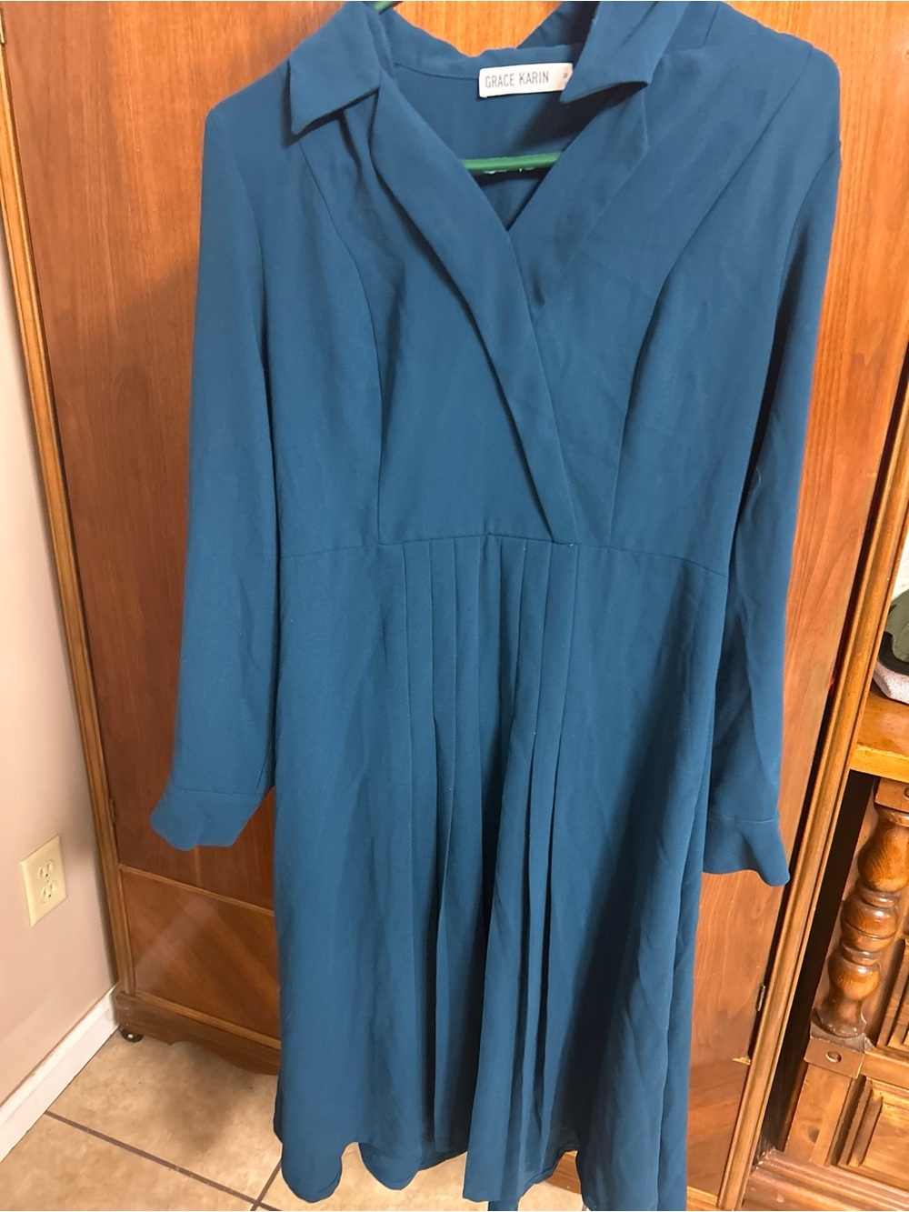 Grace Karin Teal Long Sleeve Pleated Midi Dress with Collar